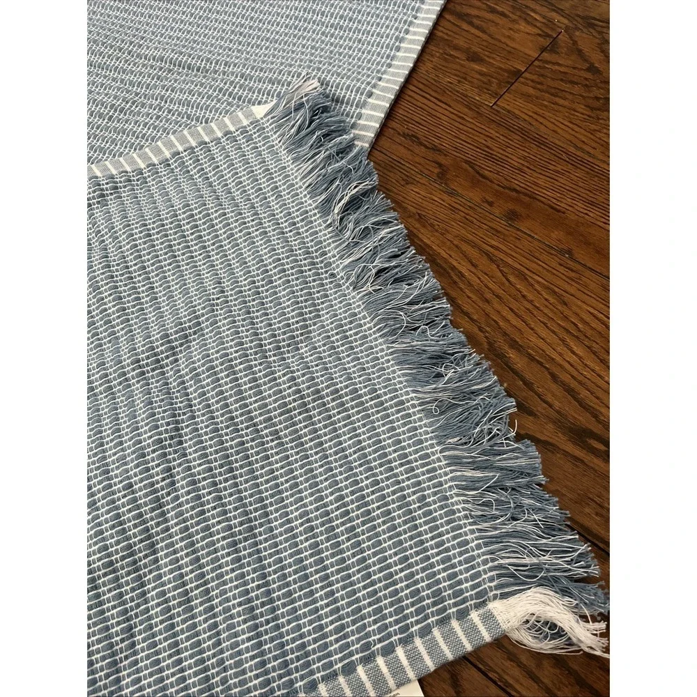 Homewear Woven Blue White Table Runner 16x80 Farmhouse Fringe Trim NWT